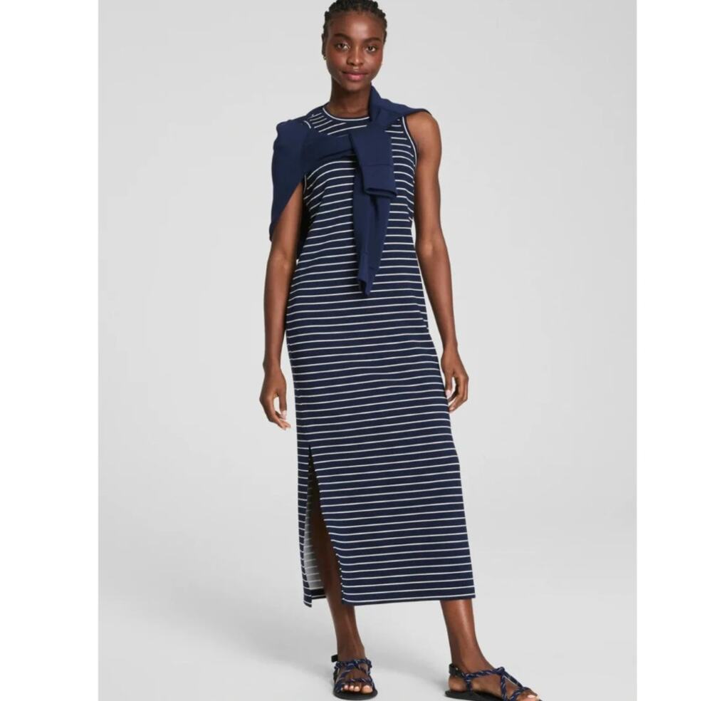 Spanx AirEssentials Navy Crew Stripe Sleeveless Maxi Dress NWT Size S
